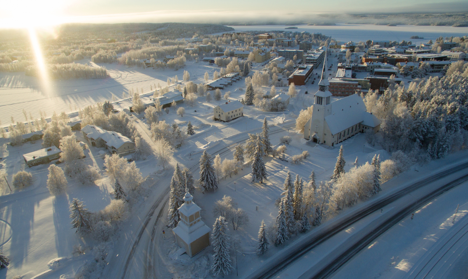 An aerial view of Kemijärvi city centre.